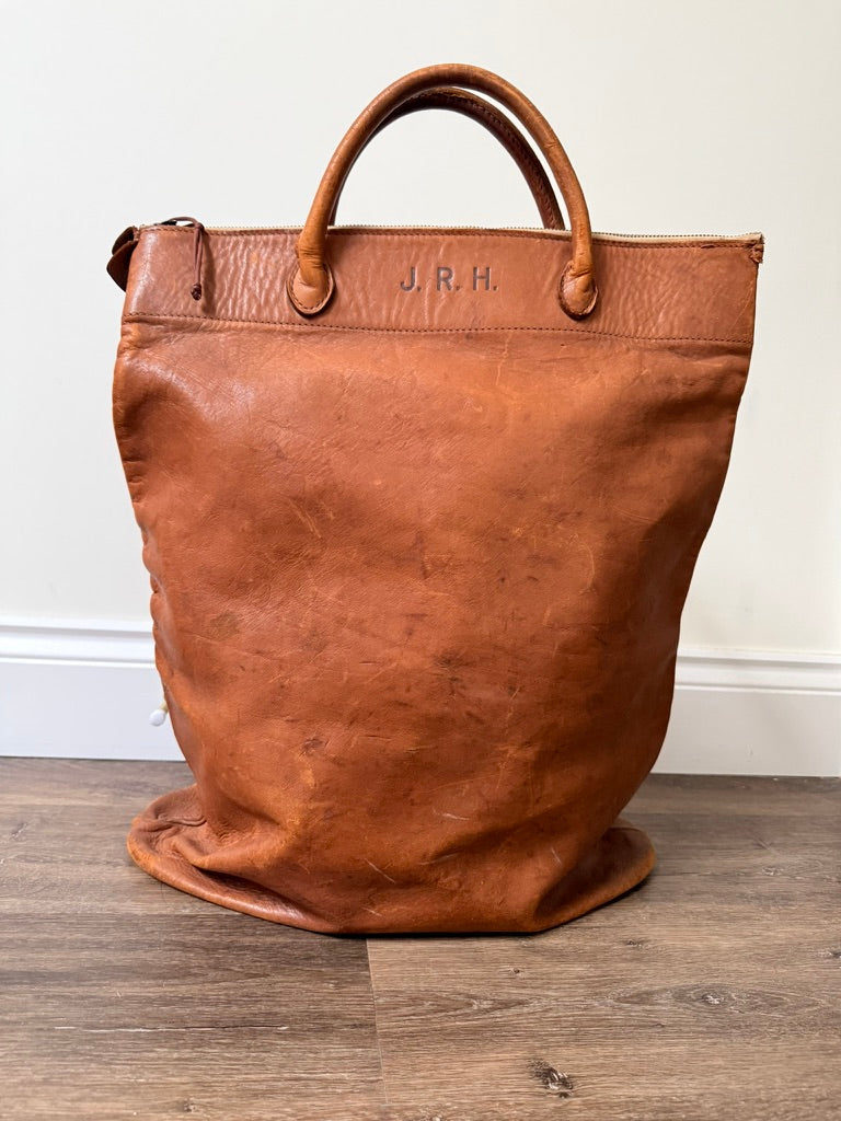 Mid-Century British Leather Travel Bag w/ Lightning Zipper