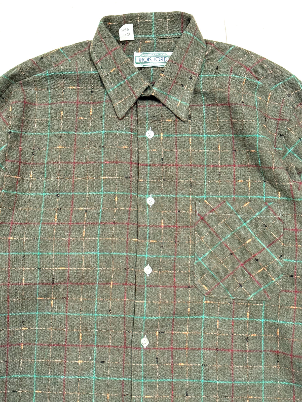 1980s Trois Lords Paris Green Check Flannel Shirt [Size 38]