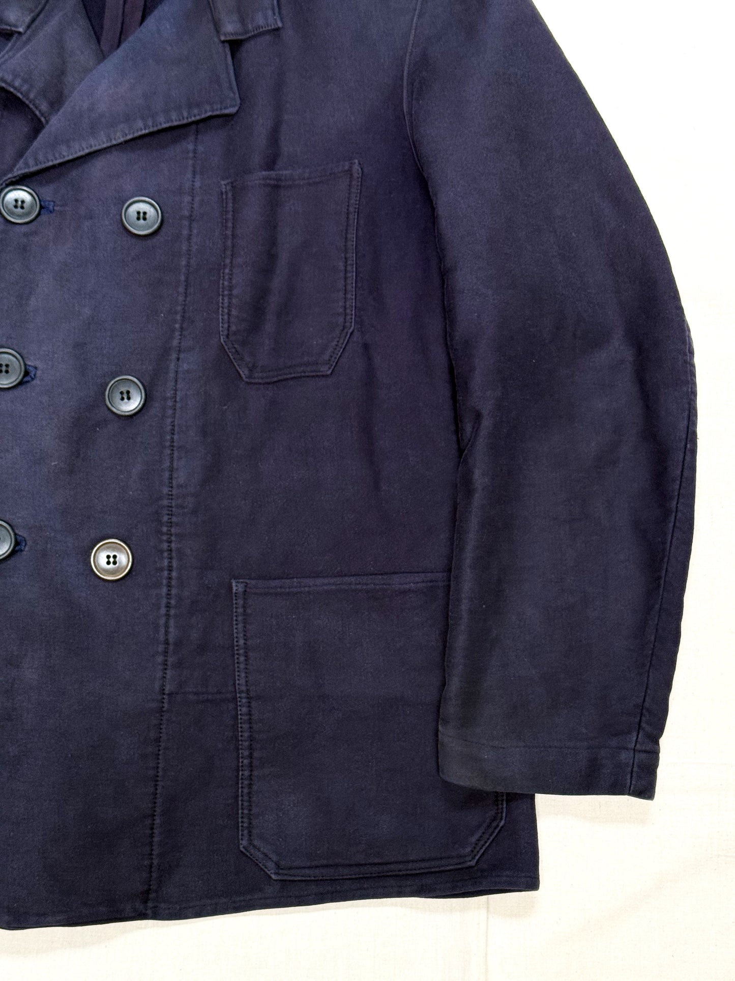 1950s Dutch Light Moleskin Double-Breasted Chore Jacket - Dark Navy