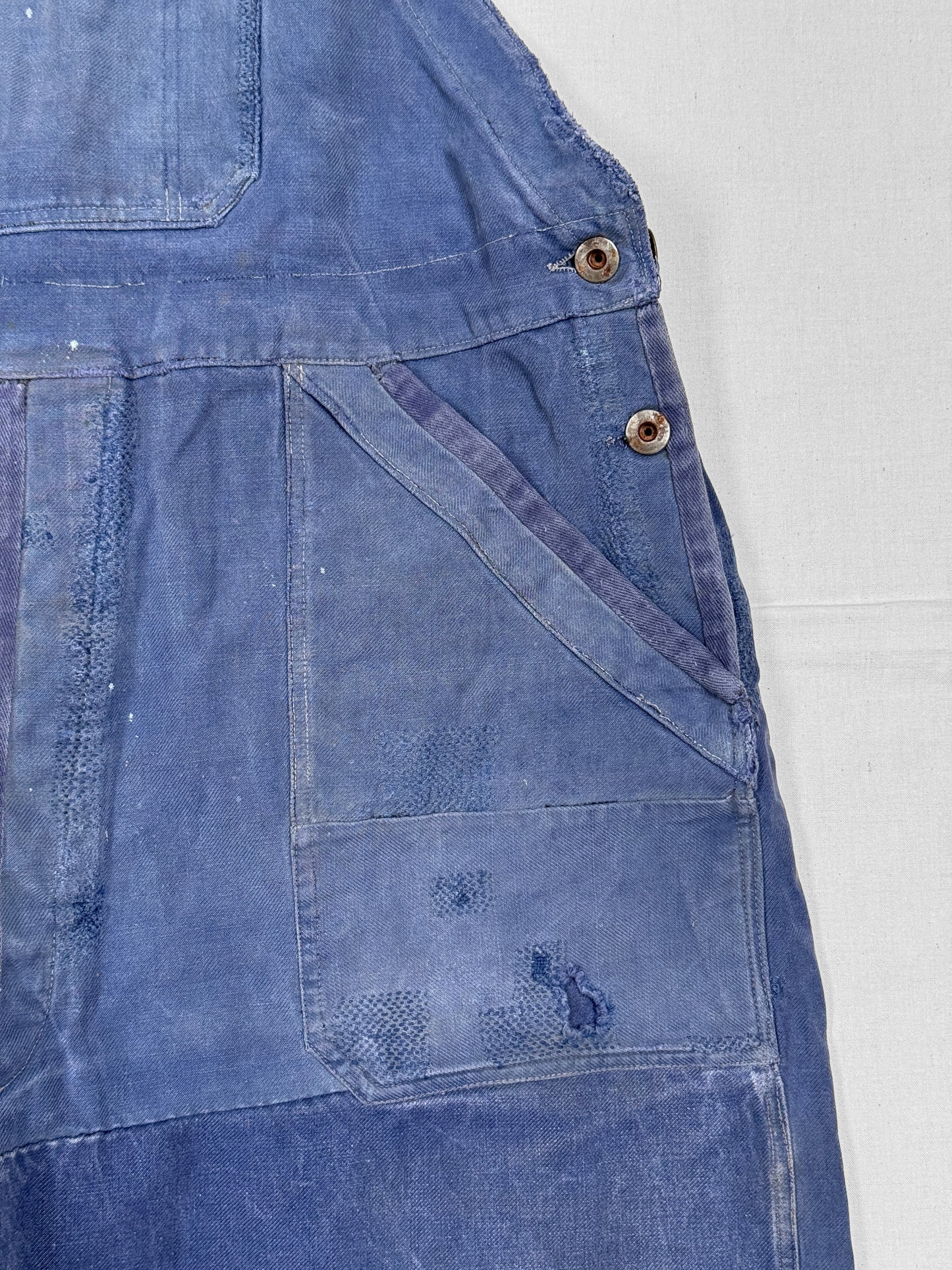1950s French Blue Moleskin Crazy Repaired Workwear Overalls [40W]