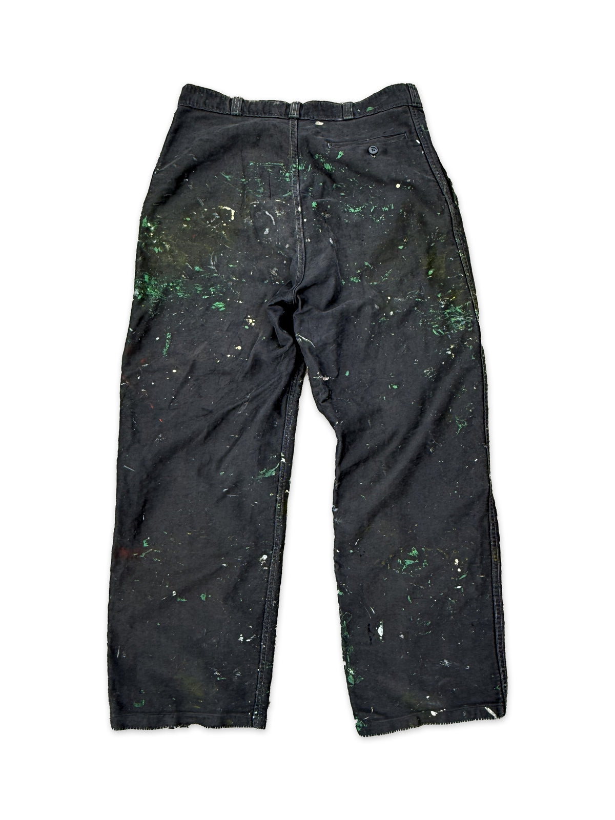 1950s–1960s French Le Populaire Black Moleskin Paint-Splattered Work Trousers [34W]