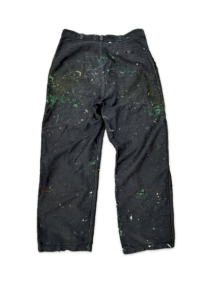 1950s–1960s French Le Populaire Black Moleskin Paint-Splattered Work Trousers [34W]