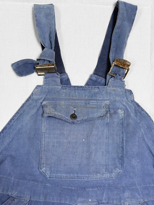 1950s French Blue Moleskin Crazy Repaired Workwear Overalls [40W]