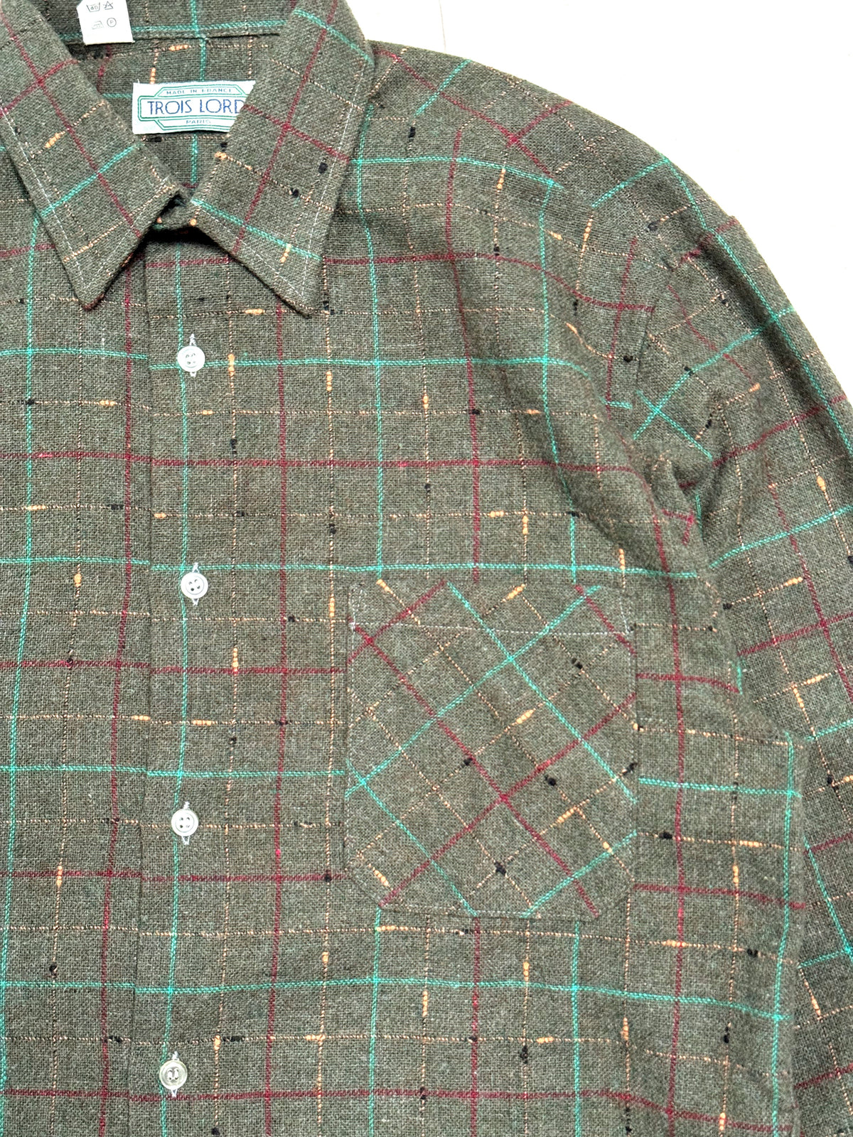1980s Trois Lords Paris Green Check Flannel Shirt [Size 38]