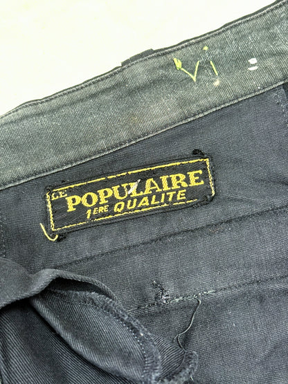 1950s–1960s French Le Populaire Black Moleskin Paint-Splattered Work Trousers [34W]