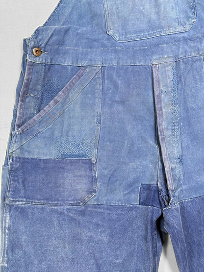 1950s French Blue Moleskin Crazy Repaired Workwear Overalls [40W]