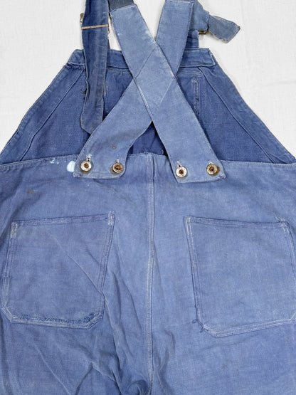1950s French Blue Moleskin Crazy Repaired Workwear Overalls [40W]