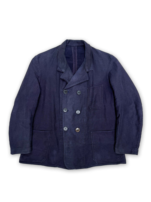 1950s Dutch Light Moleskin Double-Breasted Chore Jacket - Dark Navy