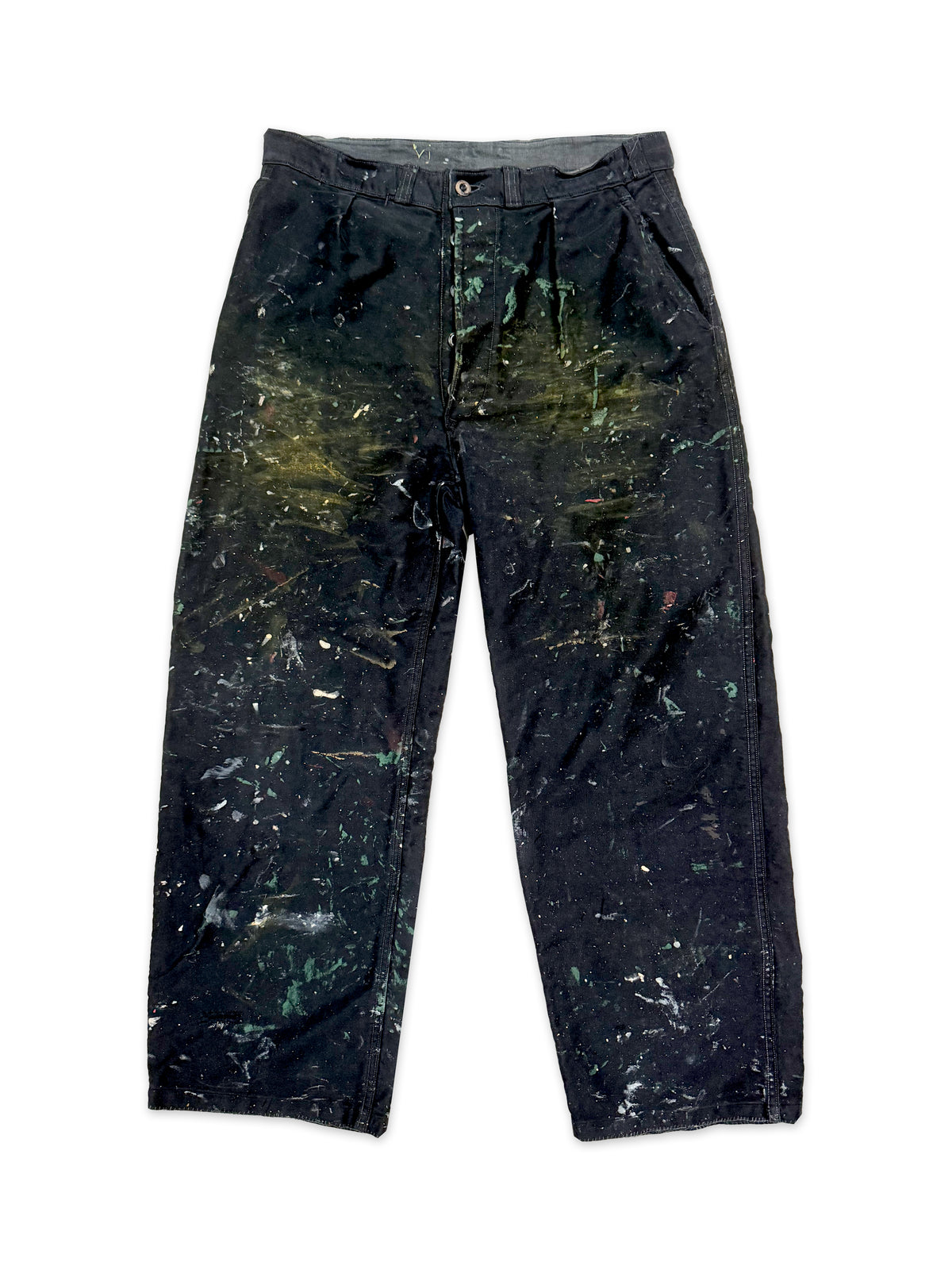 1950s–1960s French Le Populaire Black Moleskin Paint-Splattered Work Trousers [34W]