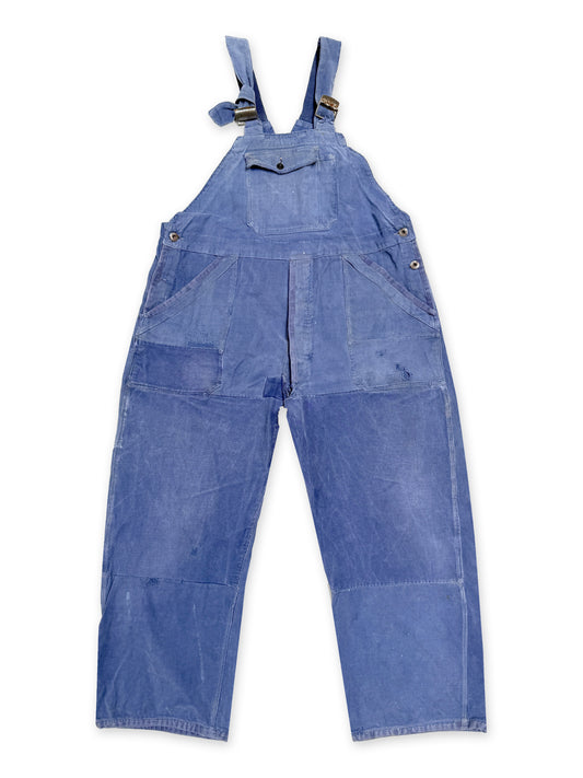 1950s French Blue Moleskin Crazy Repaired Workwear Overalls [40W]