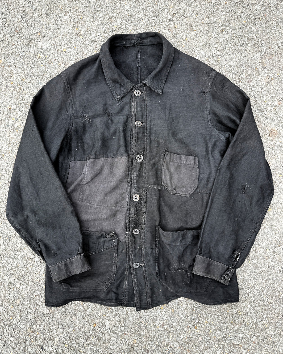 1930s Rare French Black Moleskin 6-Button Chore Jacket