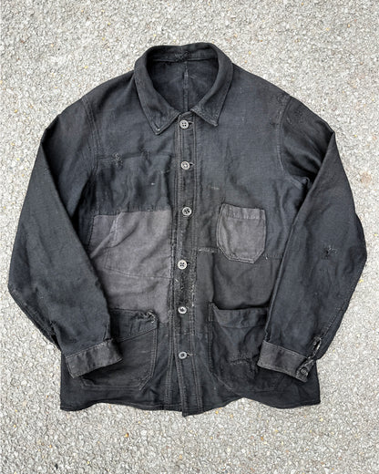 1930s Rare French Black Moleskin 6-Button Chore Jacket