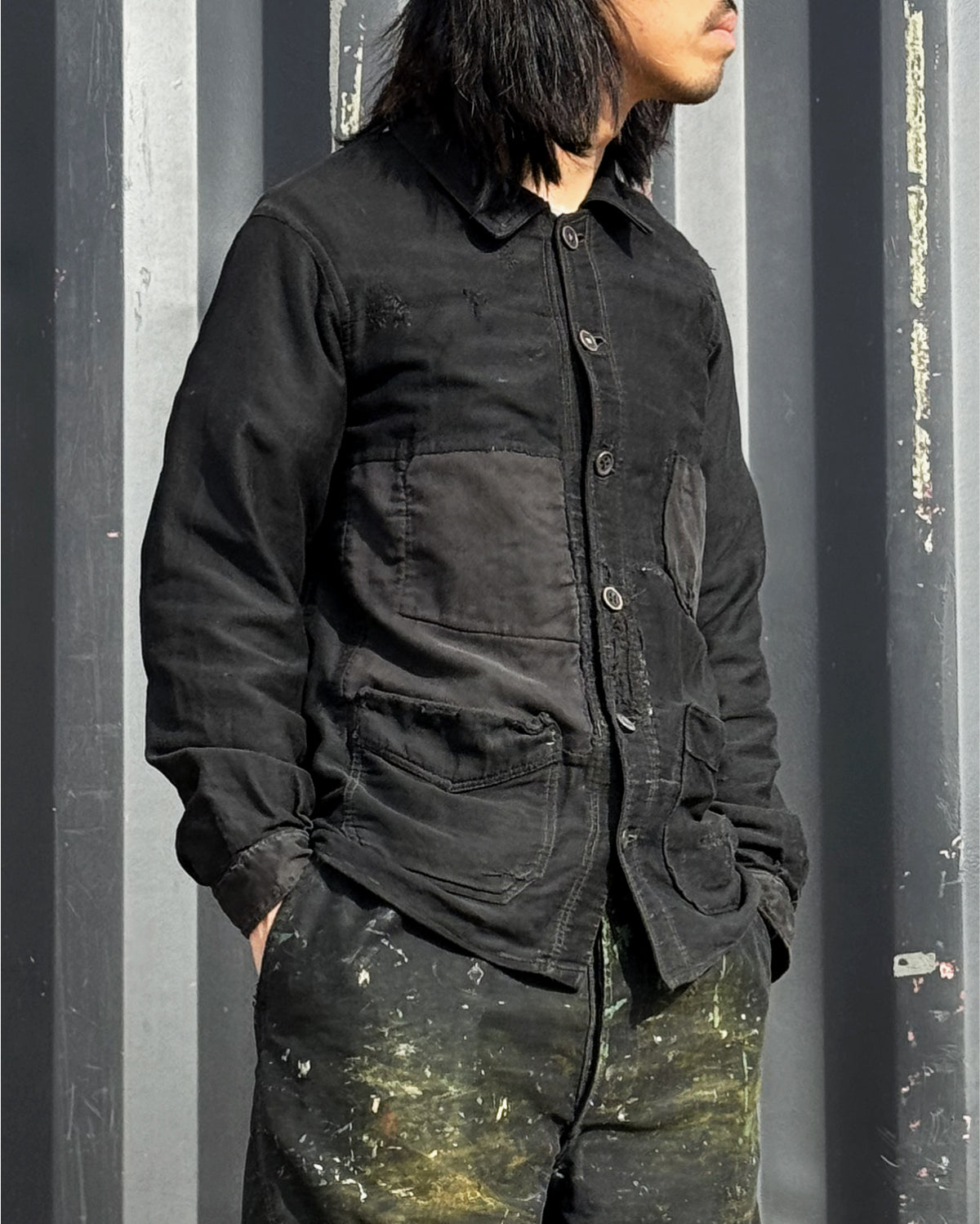 1930s Rare French Black Moleskin 6-Button Chore Jacket