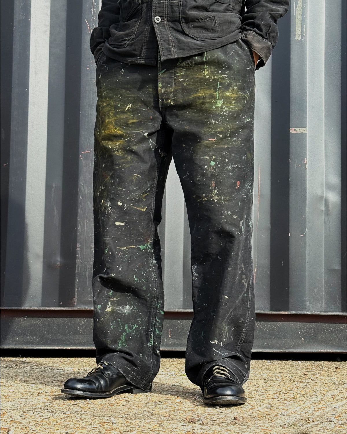 1950s–1960s French Le Populaire Black Moleskin Paint-Splattered Work Trousers [34W]