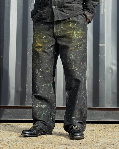 1950s–1960s French Le Populaire Black Moleskin Paint-Splattered Work Trousers [34W]