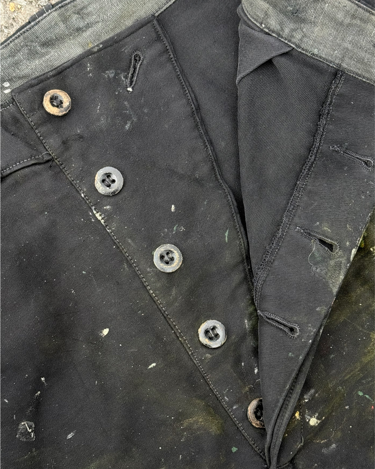 1950s–1960s French Le Populaire Black Moleskin Paint-Splattered Work Trousers [34W]