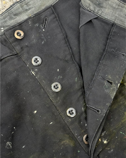 1950s–1960s French Le Populaire Black Moleskin Paint-Splattered Work Trousers [34W]