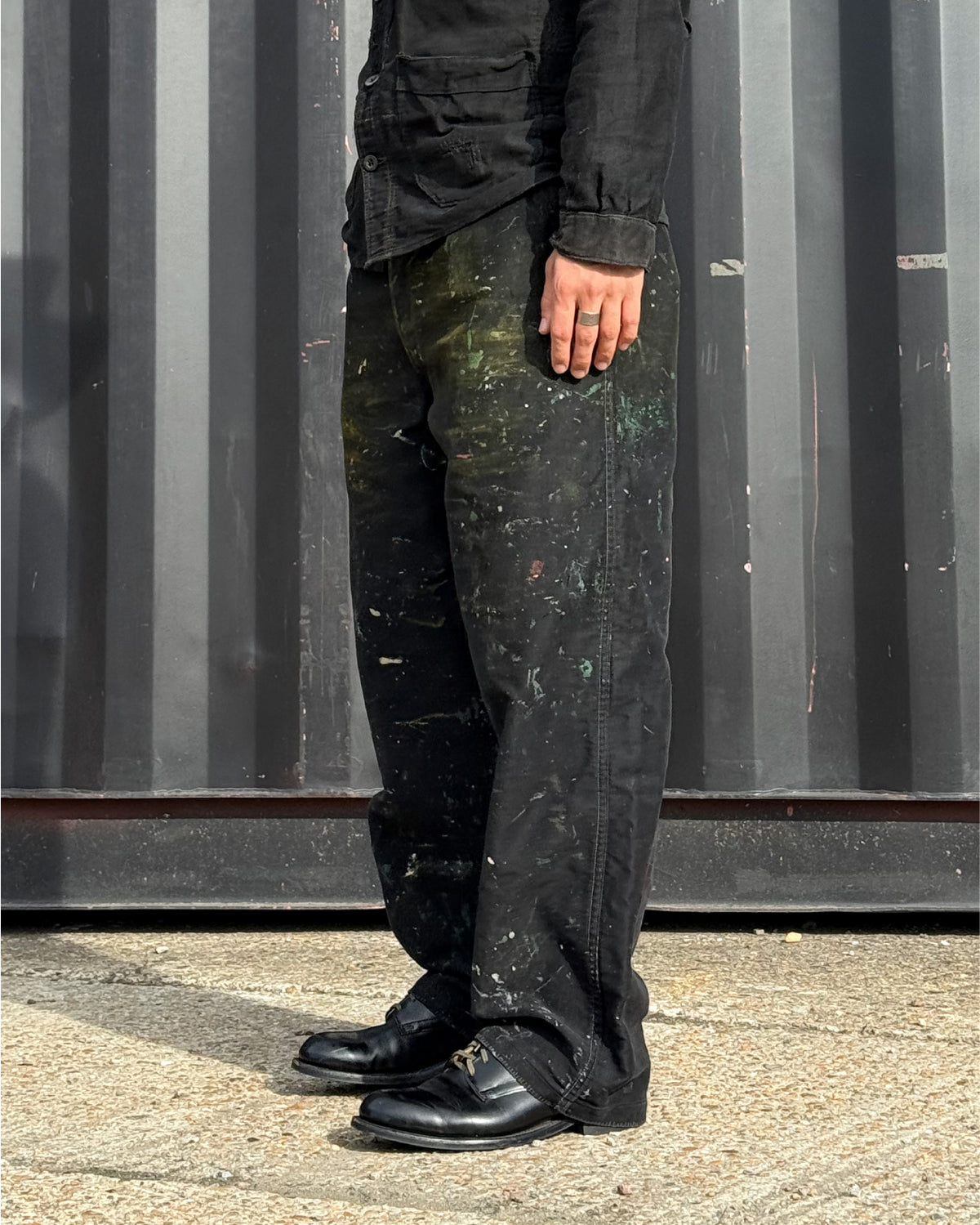 1950s–1960s French Le Populaire Black Moleskin Paint-Splattered Work Trousers [34W]